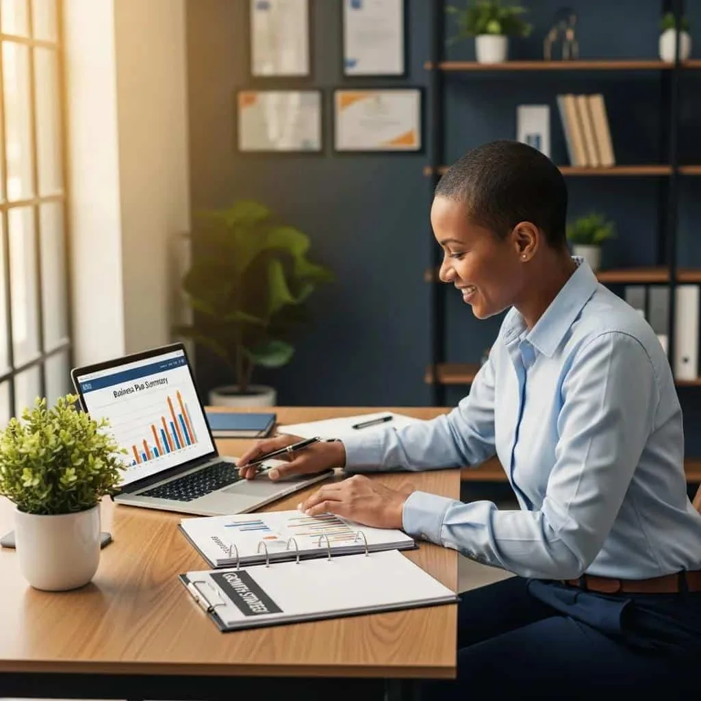 Small business owner reviewing a successful business plan with charts on a laptop, reflecting financial recovery after bankruptcy in a modern office setting.