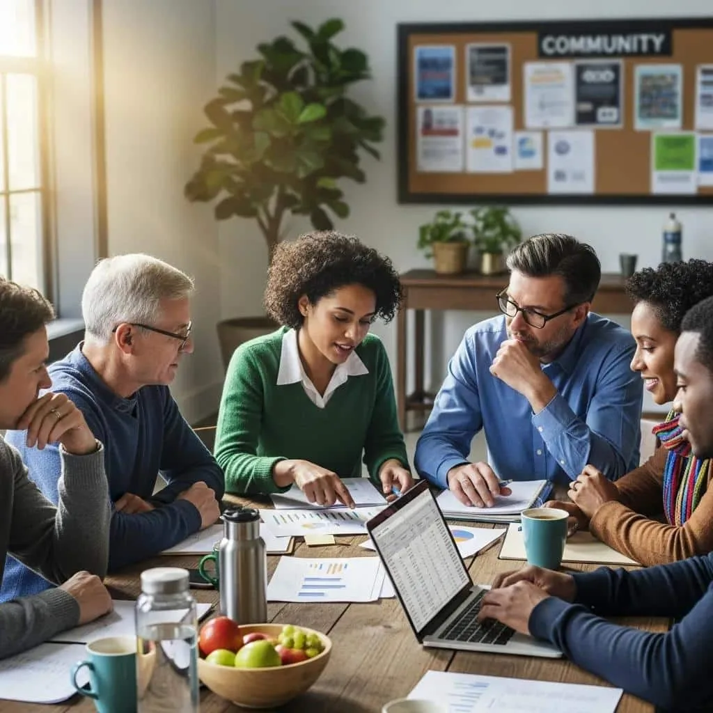 Group discussion on flexible bankruptcy payment plans, individuals analyzing financial documents and charts, collaborative environment, focus on legal options for debt relief.