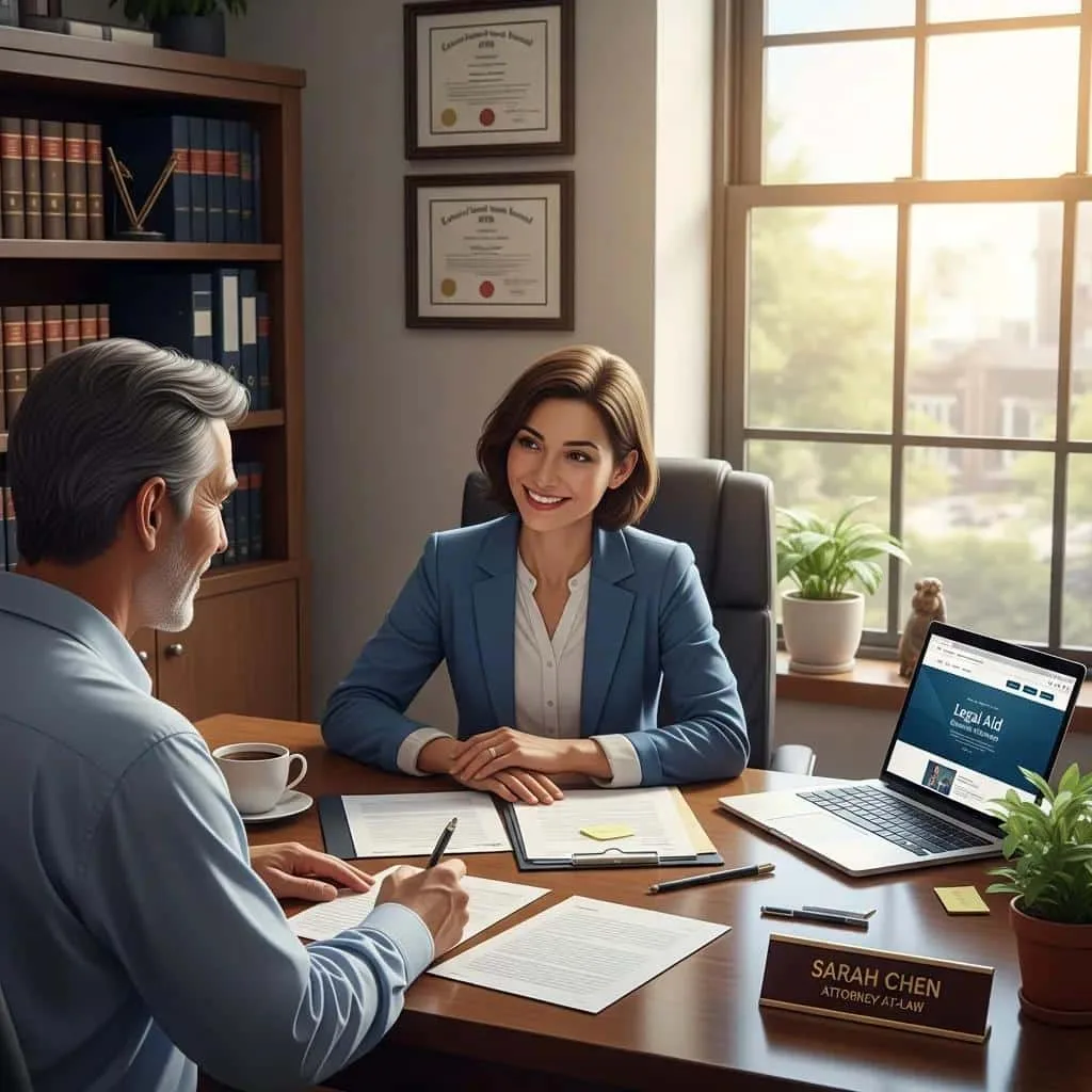 Client receiving legal guidance from a bankruptcy attorney in an office setting, discussing affordable legal fees and payment options for financial hardship.