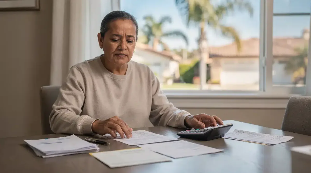Illustrative household budget review with bills and a calculator